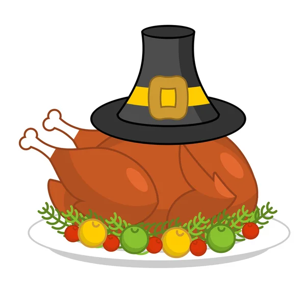 Roast kalkon för Thanksgiving och Pilgrim hatt. höns på tallriken. Fr — Stock vektor