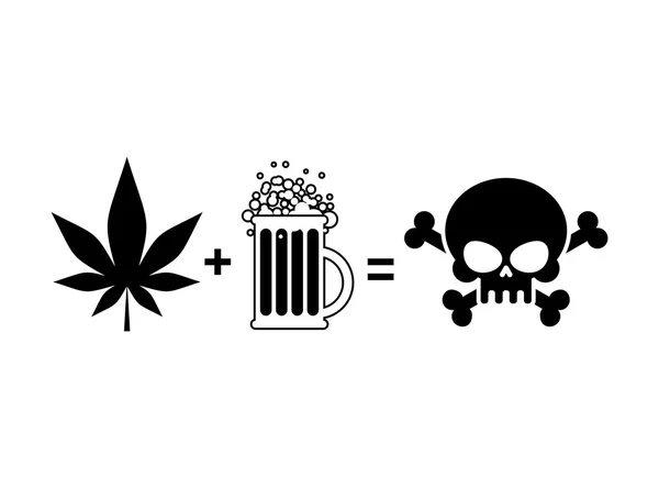 Alcohol en drugs is de dood. Beker van bier en marihuana blad is EQ — Stockvector