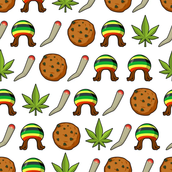 Rasta iconos patrón sin costuras. Hoja verde de marihuana y galletas — Vector de stock