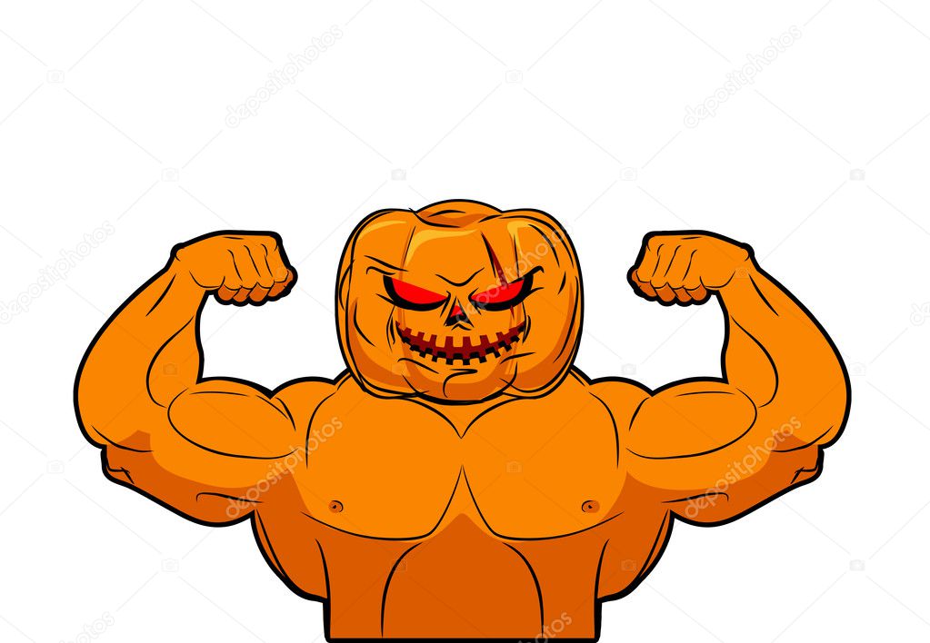 Powerful Pumpkin. Fruit bodybuilding with muscles. Vegetable wit