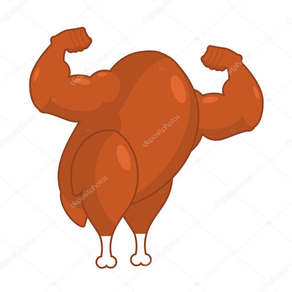 Strong roasted turkey. Powerful fried fowl. Muscular bodybuilder arms. Athletic chicken
