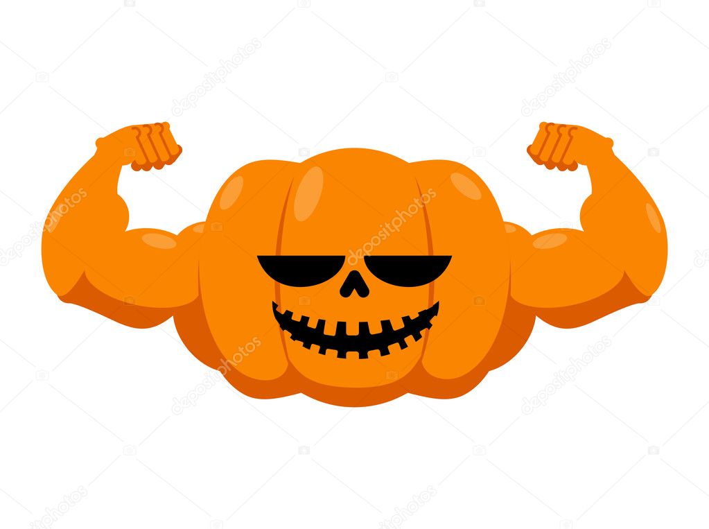 Pumpkin with muscles. Fitness Halloween. Vegetable with large ha