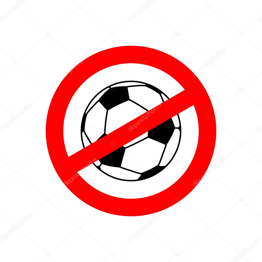 Stop football. Prohibited team game. Red prohibition sign. Cross