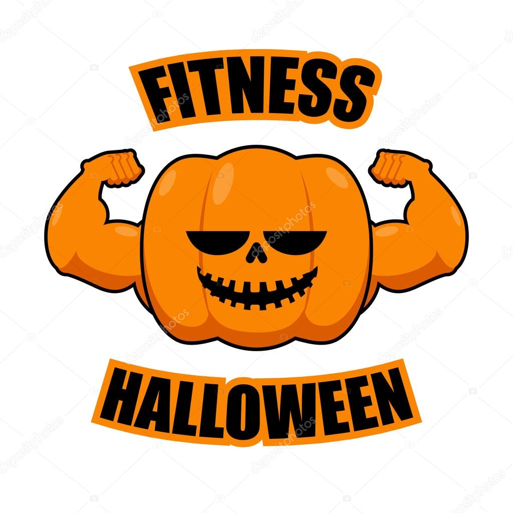 Fitness Halloween. Pumpkin with muscles. Vegetable with large ha