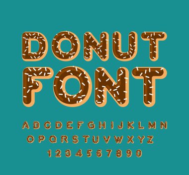 Donut yazı tipi. pasta alfabesi. Yağlı harflerle pişirilir. Çikolata krema 