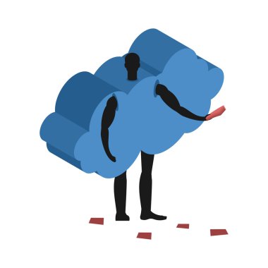 Bulut kostüm adam maskot organizatörü. Takım elbiseli erkek flye dağıtır