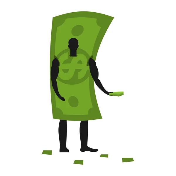 Dinero Mascota hombre promotor. Masculino en traje de dólar repartiendo fl — Vector de stock