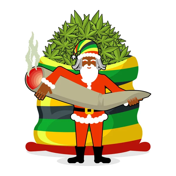 Rasta Santa Claus wensen. Grote rode zak hennep. Tas van marihuana. — Stockvector