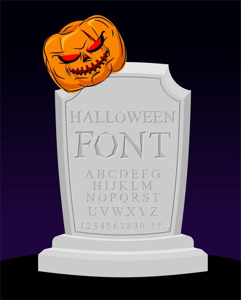Halloween font. Carved alphabet. Letters on tombstone. sepulchra — Stock Vector