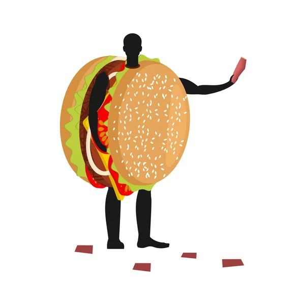 Гамбургер костюм чоловіка талісман промоутер. Чоловік у костюмі бургер район — стоковий вектор