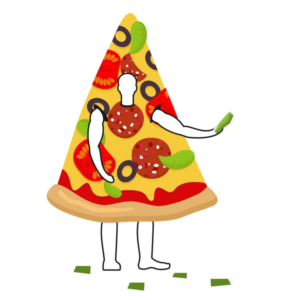 Pizzacı maskot organizatörü. Takım elbiseli erkek dilim el ilanları dağıtır — Stok Vektör