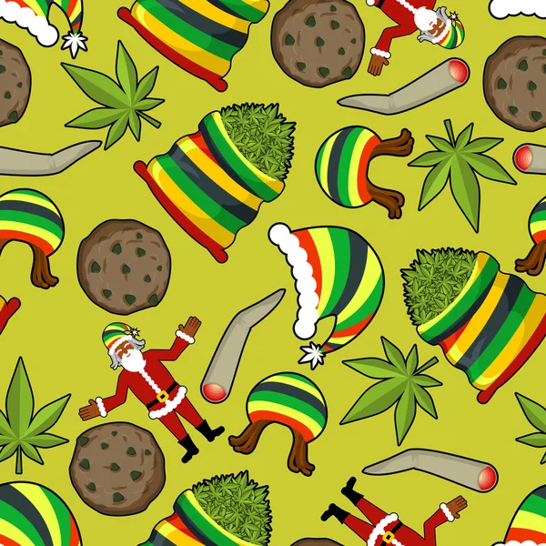 Patrón de rastamán. Adorno de Rasta Santa Claus. Gran saco de cannab — Vector de stock