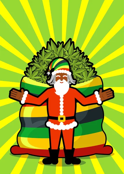 Rasta Santa Claus wishes. Big Red sack hemp. Bag of marijuana. P — Stock Vector