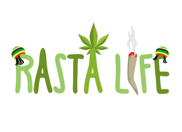 Rasta life typography. Hemp Rastafarian cap and dreadlocks. Rast — Stock Vector
