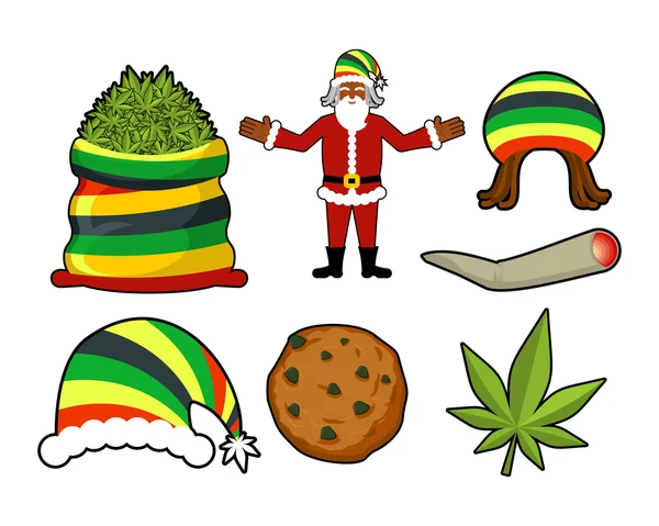 拉斯塔圣诞图标设置。圣诞老人和大麻麻。袋 — 图库矢量图片
