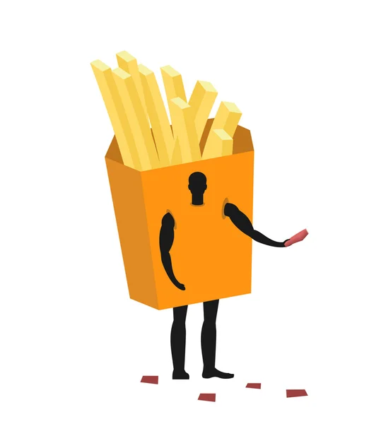 French fries costume man mascot promoter. Male in suit potato di — Stock Vector