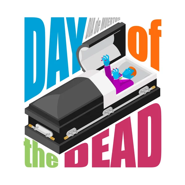 Jour des Morts. Ouvre le cercueil. zombie disparu dans le cercueil. Mexicain — Image vectorielle