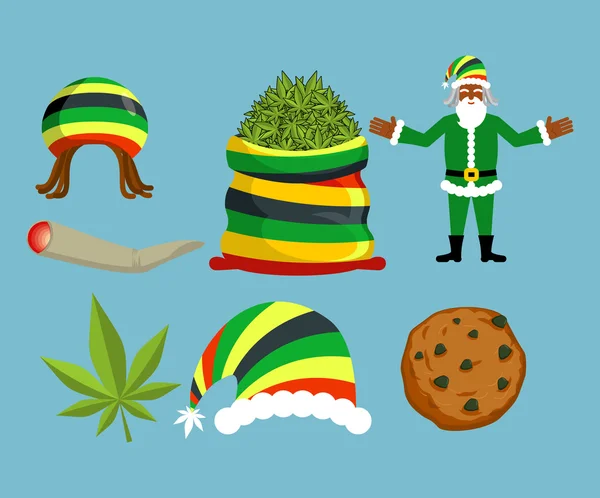 Rasta New Year icons set. Santa Claus and Big sack hemp. bag of — Stock Vector