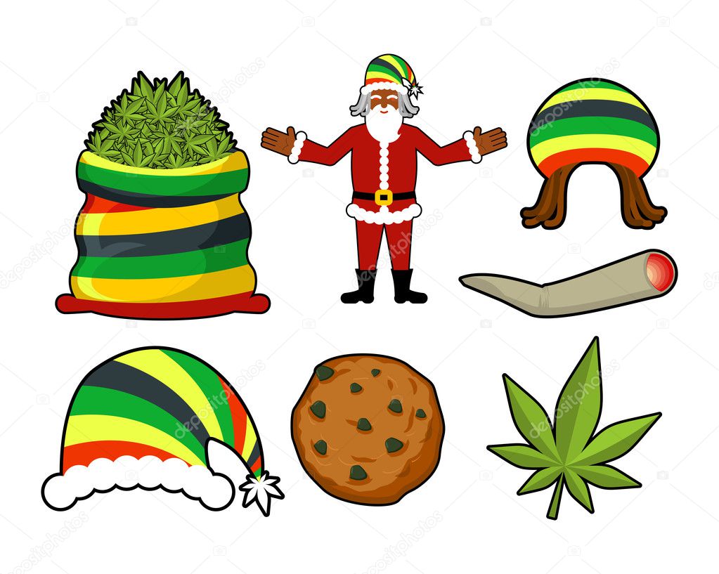 Rasta Christmas icons set. Santa Claus and Big sack hemp. bag of
