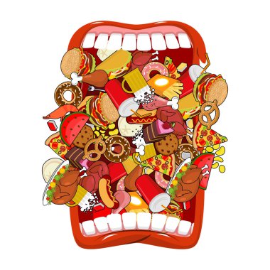 Open mouth and food. Absorption of feed. Eat many of meal. Very  clipart