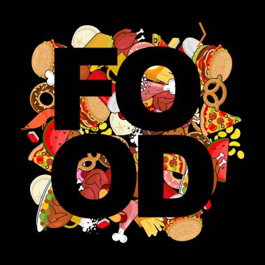 Gıda doodle. birçok yem. Kazık işaret et. Pizza ve Taco. Fren