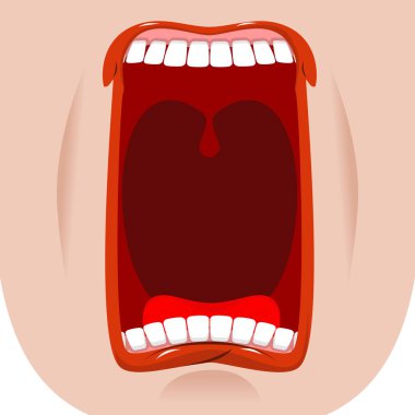 Açık ağız yüz. Dişler ve dil. Açlık. Beyaz arkasında esnemek