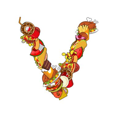 Harf V yenilebilir. Alfabe gıda iz. Besleme kavramı şablonu el