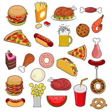 Fast Food büyük ayarlayın. Besleme belirtisi. Icon Collection et. Pizza