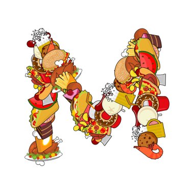 Harf M gıda. Tipografi işareti ürünleri. Yenilebilir şablonu el