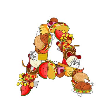 Harf A yiyecek. Tipografi işareti ürünleri. Yenilebilir şablonu el