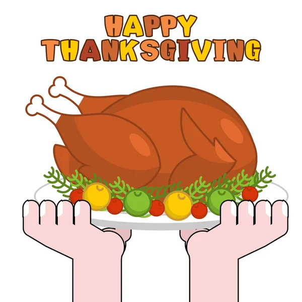 Selamat hari Thanksgiving memasak kalkun. Burung unggas panggang di piring dengan apl - Stok Vektor