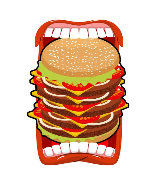 Gran boca de hamburguesa. Hambre fuerte. Gran hamburguesa y boca abierta . — Archivo Imágenes Vectoriales