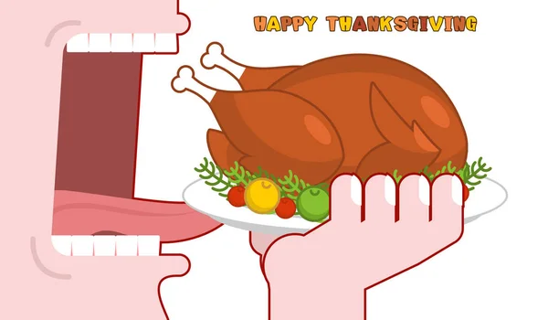 Happy Thanksgiving makan kalkun matang. Buka mulut untuk membuat f panggang - Stok Vektor