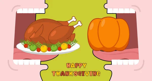 Happy Thanksgiving makan kalkun matang. Buka mulut untuk membuat f panggang - Stok Vektor