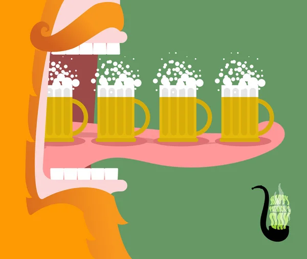 Leprechaun boit de la bière. Gnome effrayant barbe rougeâtre et tasse d'un — Image vectorielle