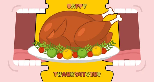 Happy Thanksgiving makan kalkun matang. Buka mulut untuk membuat f panggang - Stok Vektor