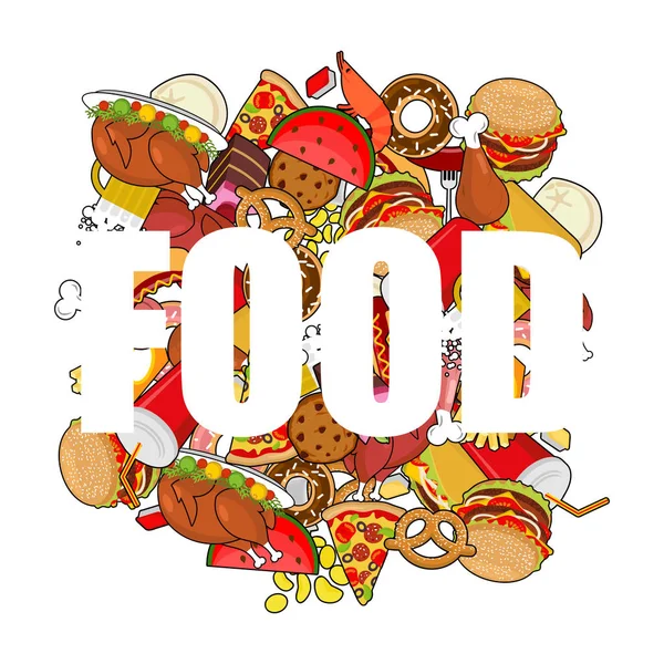 Voedsel doodle. veel voeden. Stapel teken van vlees. Pizza en taco's. Fren — Stockvector