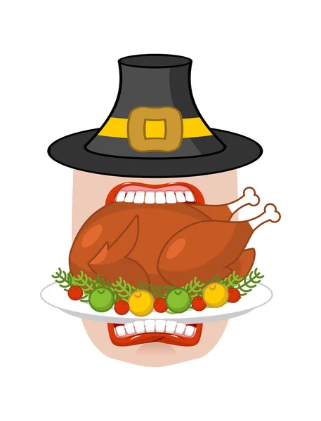 Happy Thanksgiving makan kalkun matang. Buka mulut untuk membuat f panggang - Stok Vektor