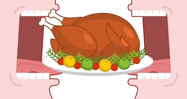 Happy Thanksgiving äta kokta Turkiet. Öppen mun att göra steken f — Stock vektor