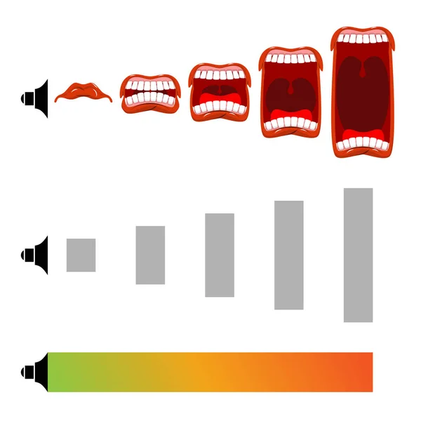 Ajuste el volumen. gritar nivel. El escenario grita. Boca abierta con lengua — Vector de stock