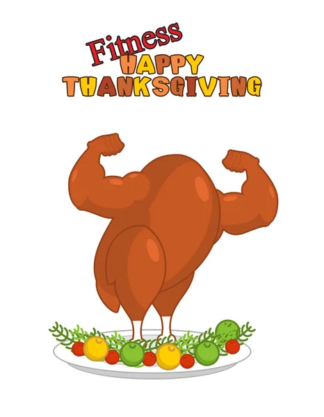 Fitness happy thanksgiving day. Stark Turkiet på tallrik med garn — Stock vektor