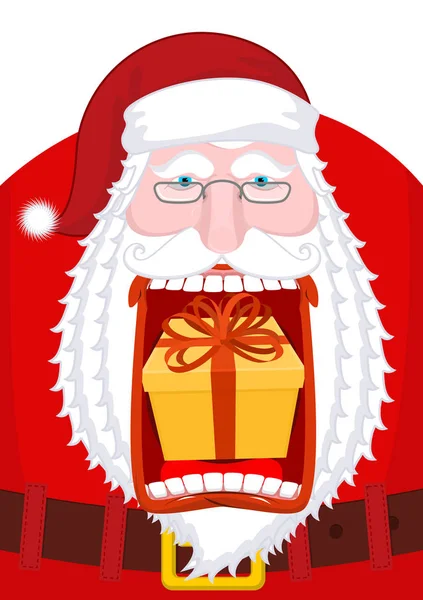 Santa Claus eructando regalo. Abre la boca Caja eructa. Loca Navidad g — Vector de stock