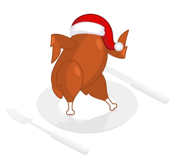 Pavo de Navidad con gorra de Papá Noel. Aves asadas en el plato. Fritas — Vector de stock