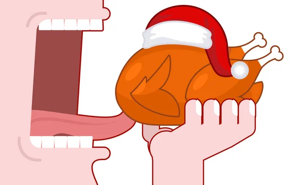 Come pavo de Navidad con gorra de Santa. Abrir la boca para hacer ch festivo — Vector de stock