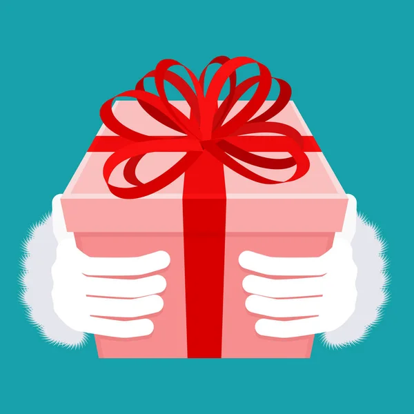 Geschenk zu Weihnachten. Weihnachtsmann Hand und Box mit Schleife. Bürokratie und Geschwätz — Stockvektor