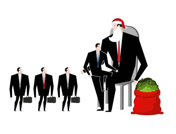 Bônus de Natal. O patrão Papai Noel parabeniza os trabalhadores. Saco vermelho — Vetor de Stock