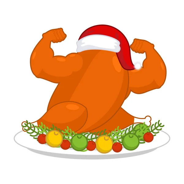 Tacchino di Natale forte in berretto rosso Santa. Cibo fitness per New Y — Vettoriale Stock