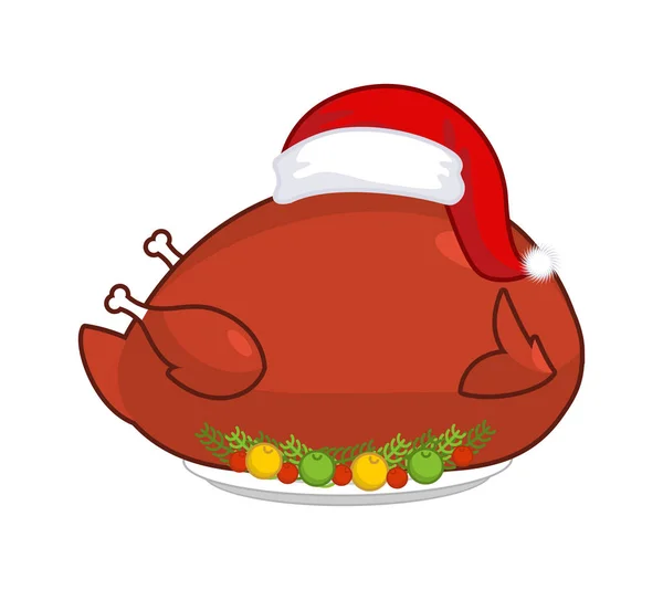 산타 클로스 모자에 큰 로스트 터키입니다. 크리스마스 새 접시 재치에 — 스톡 벡터
