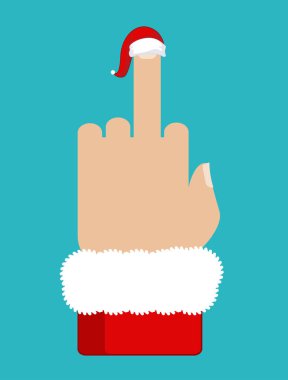 Noel herif. Kırmızı Santa şapka orta parmak. Agresif işaret