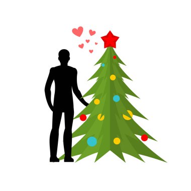 Noel sevgilisi. Yeni yılda seviyorum. Adam ve Noel ağacı. Sevgilisi